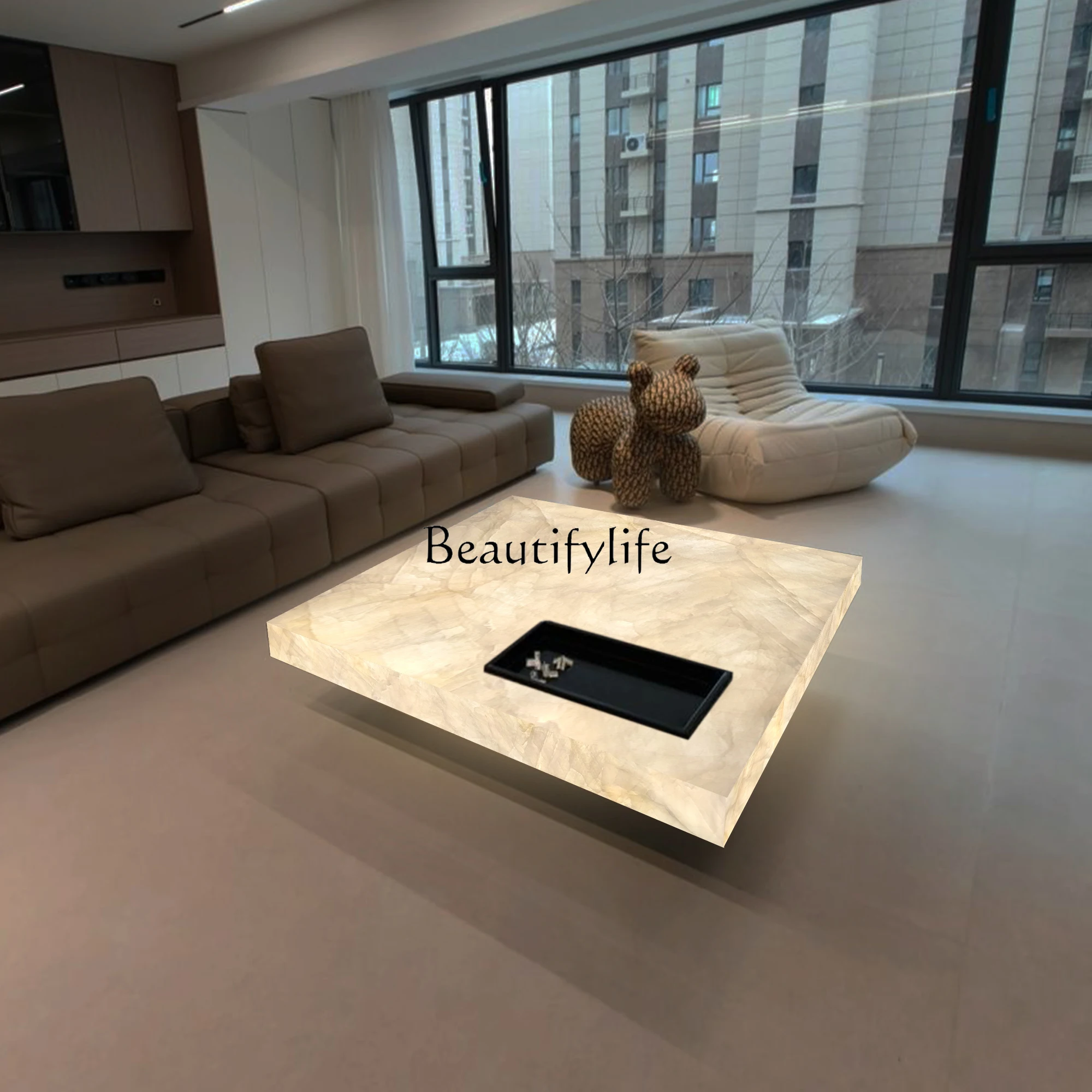 

Luminous coffee table luxury stone villa living room square marble high-end home light luxury
