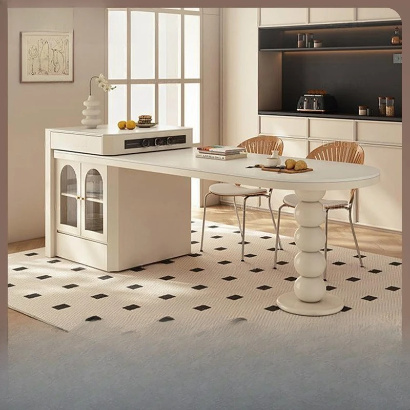 طاولة طعام على طراز الجزيرة مع طاولة بار حجرية منزلية مدمجة قابلة للسحب ومطبخ على طراز الجزيرة