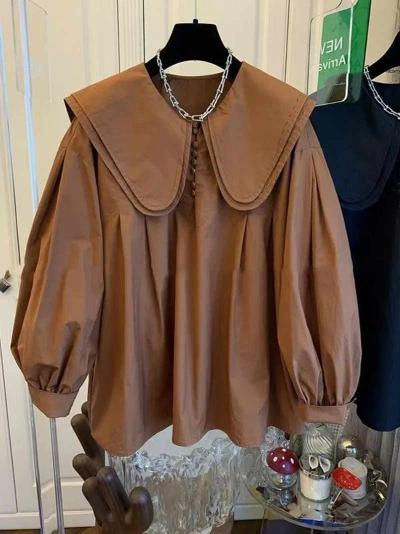 

Double Peter Pan Collar Korean Loose Women tops Shirts Lantern Sleeve Shirts Jacket Spring Summer casual Blouse Girls New 2025