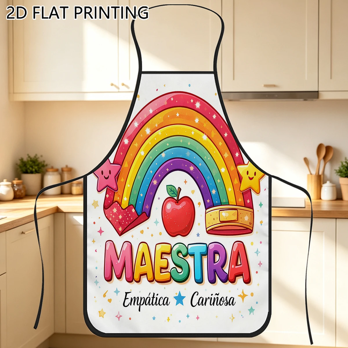 1pc Rainbow Apple Maestra Quote Pattern Apron For Teacher Home Kitchen Decor
