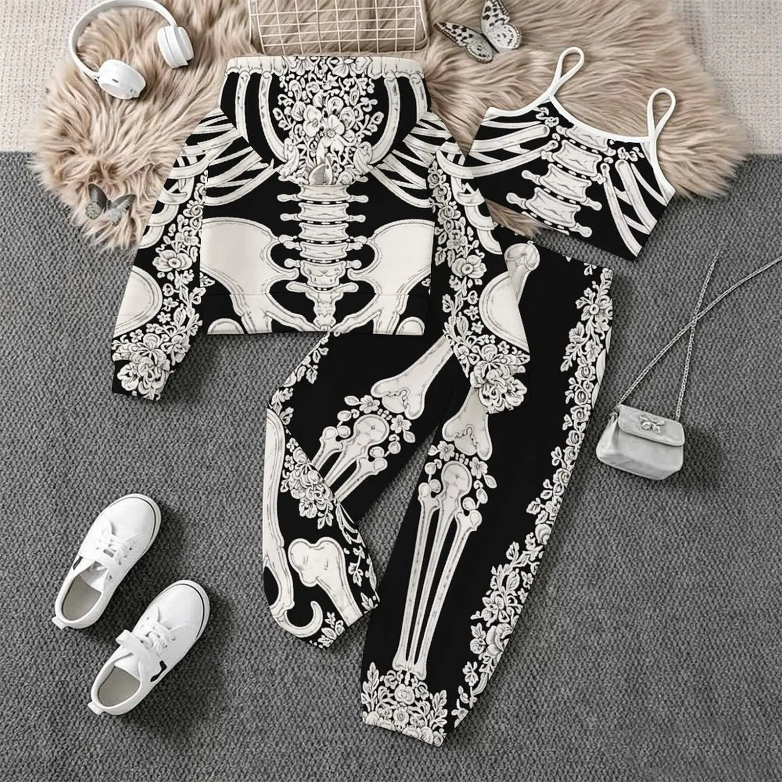 Daily Pants Children's Jogging Pants Casual Pants Autumn Winter Girls' Printed Three Piece Fashion Coat All Hallows' Day Vest