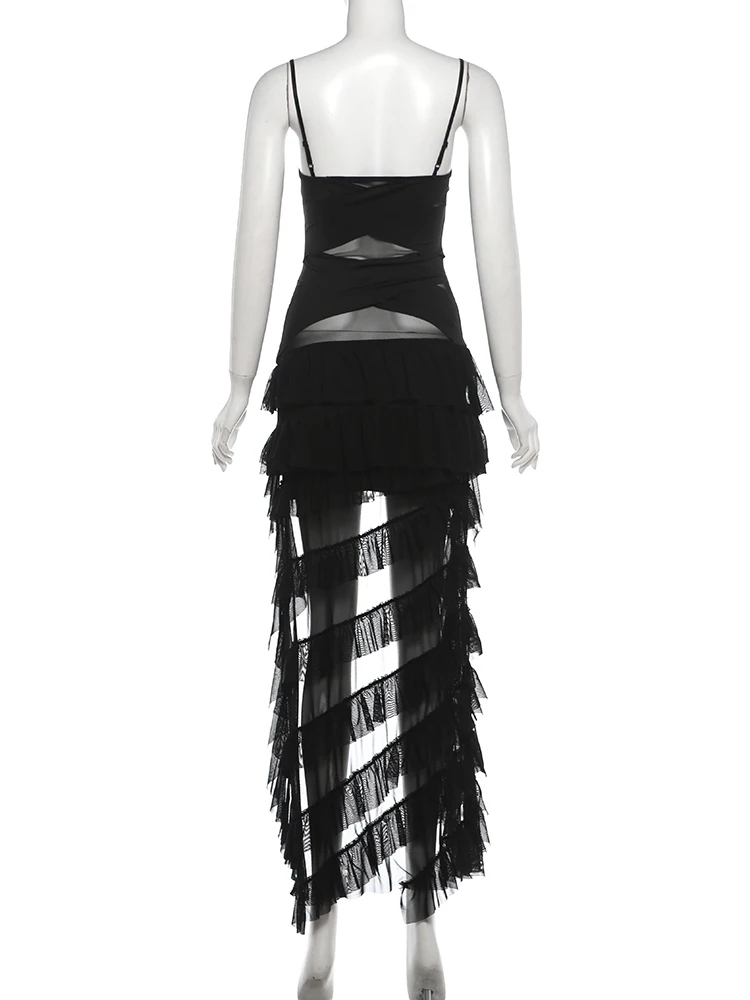 Weird Puss Tiered Kleid Damen Patchwork Mesh Unregelmäßiger Saum Ärmellos Figurbetont Sexy Midnight Hottie Mode Dinner Party Bodycon – Detail 5