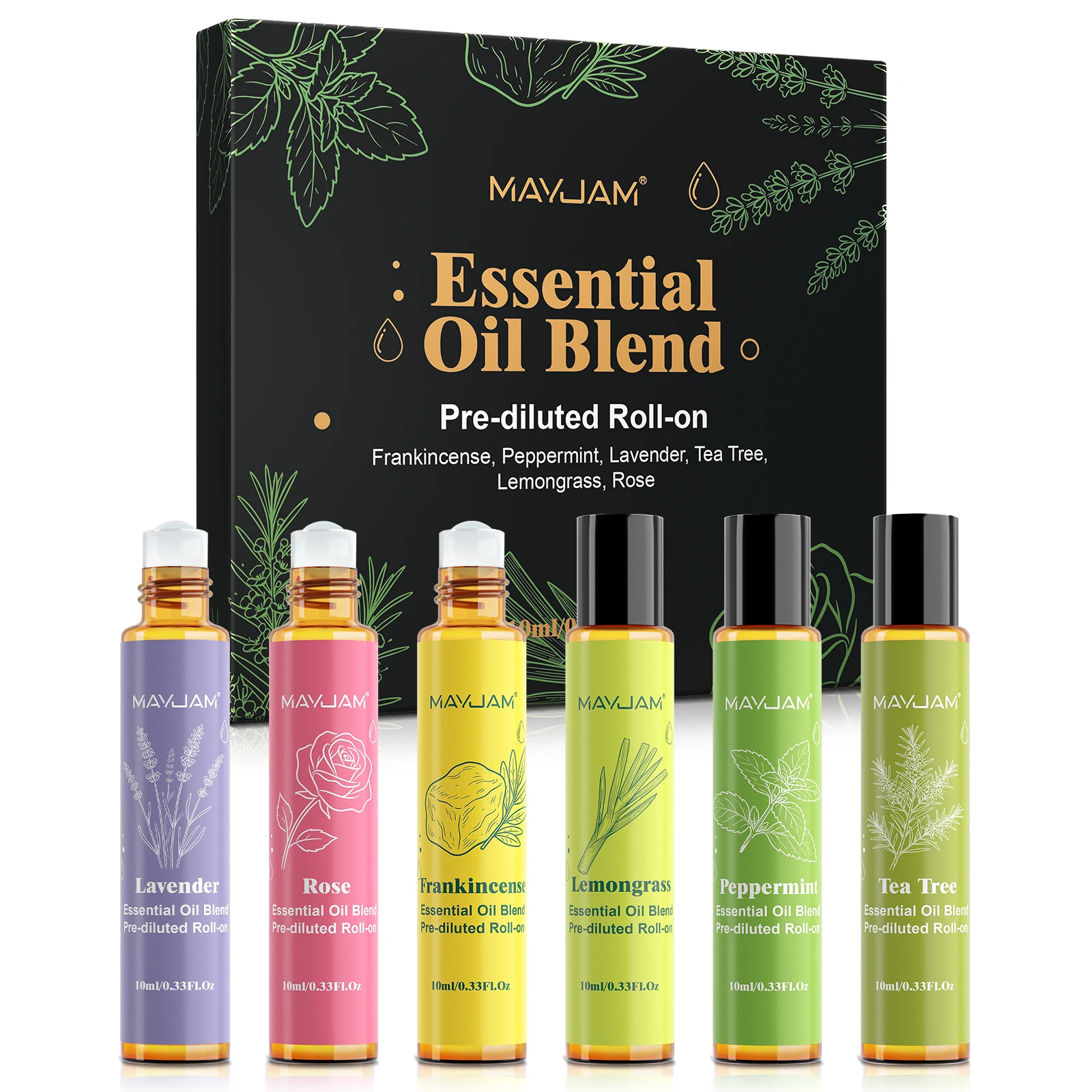 MAYJAM Essential Oils Set,6 x 10ml Roll on Blends Oil Lavender Rose Lemongrass Fractionated Coconut Sunflower Seed Carrier Oil