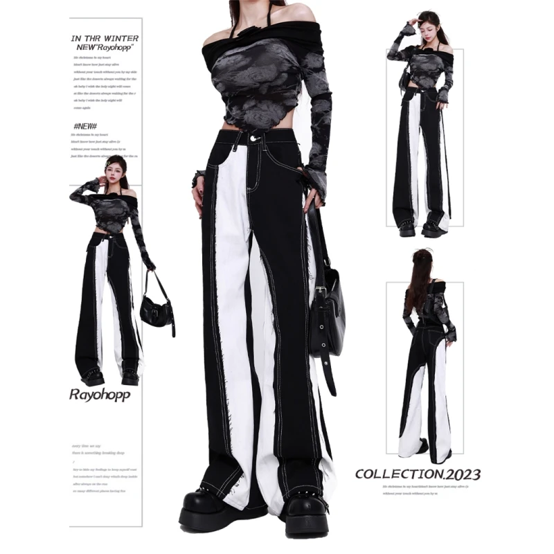 

Black Jeans Cargo Pants Y2K Women Streetwear High Waist Wide Leg Pants Spliced Vintage Female NEW Summer Straight Trousers