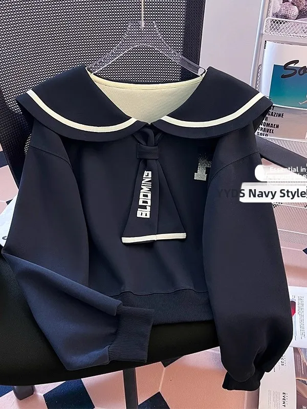 

Chic Naval Collar Long Sleeve Sweatshirt Fake Two-Piece Sweet Style Autumn Fashionable Outerwear for Girls Student Trendy Coat
