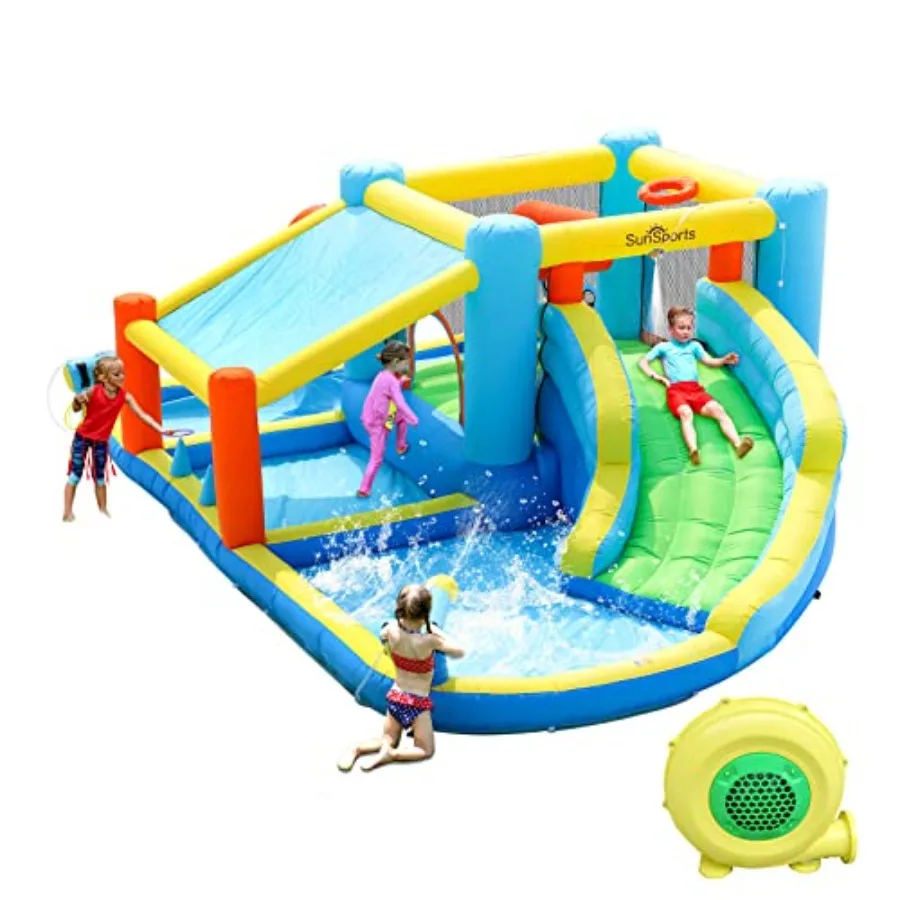 

Backyard inflatable water slide bounce house for kids, PVC material, blue and yellow, dual wet/dry use with quick-dry mesh
