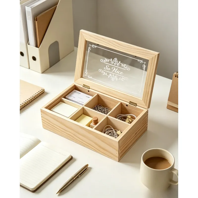 1pc Wooden 6‑Grid Storage Box Rectangle Acrylic Multi‑Compartment Desktop Organizer Box