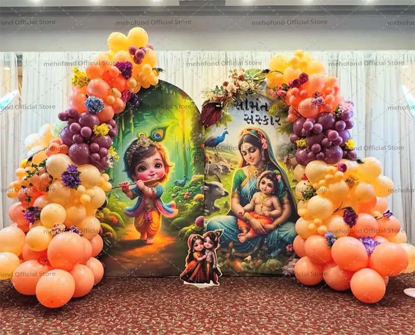 Mehofond مخصص 2-Sided الهند ياشودا وكريشنا الاطفال حفلة عيد ميلاد الزفاف دش غطاء كيارا قوس خلفية ديكور خلفية