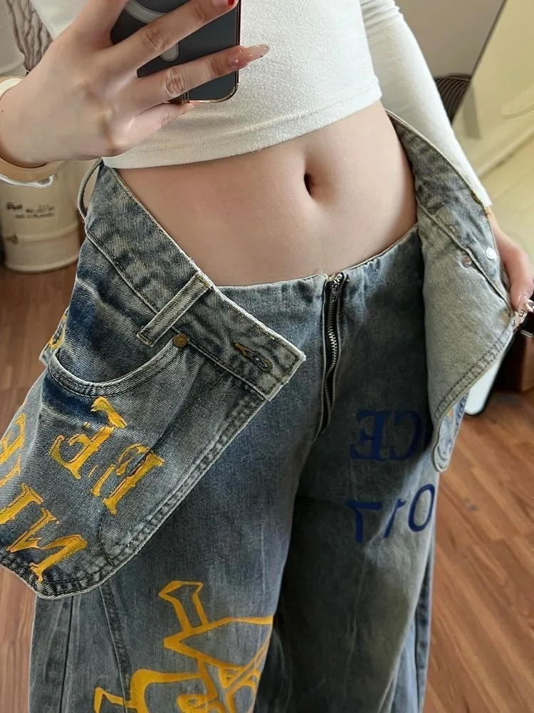 

Women's Baggy Jean Designer American Retro Harajuku Grunge Graffiti Wide Fit Jeans Y2k Japanese Denim Pants Fake Two Pieces