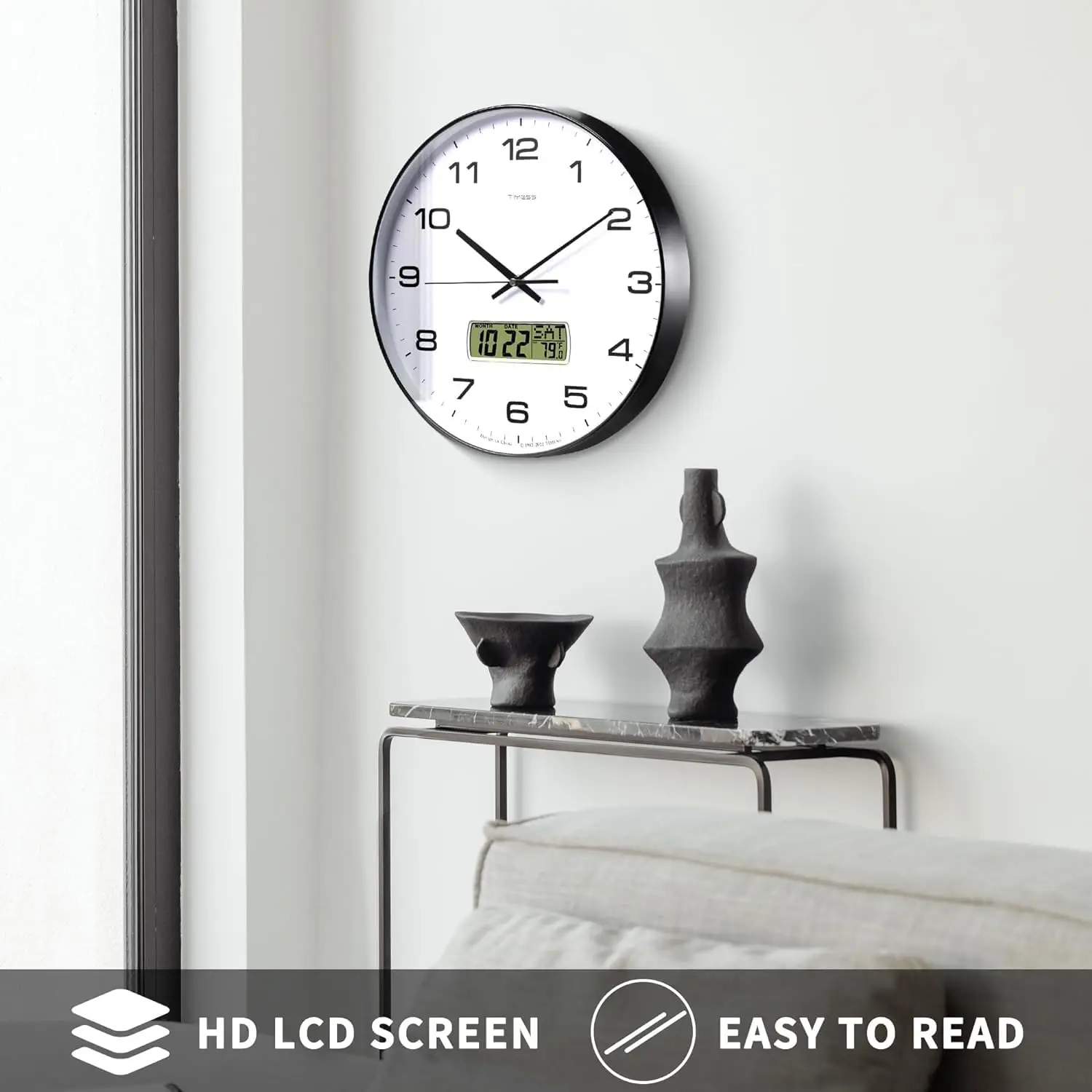 TIMESS Calendar Wall Clock,3 Sizes 4 Colors Optional with Calendar and Fahrenheit Temperature Display,battery Operated Minimalist Style Wall Clock