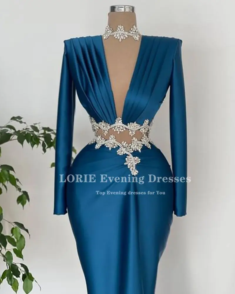 Lorie Robe de Bal de Forme Sirène pour Femme, Tenue de Princesse Sexy avec Cristaux et Manches Longues pour Occasions Spéciales 2022