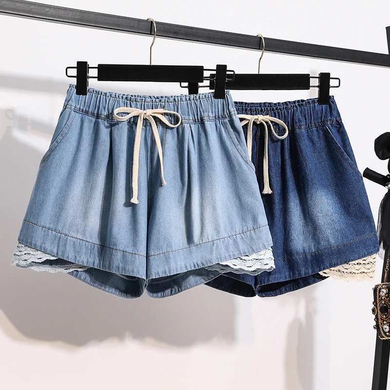 

Lace Spliced Elastic Waist Denim Shorts Women Loose Wide Leg Shorts Spring Summer Elegant Drawstring Versatile Short Jeans
