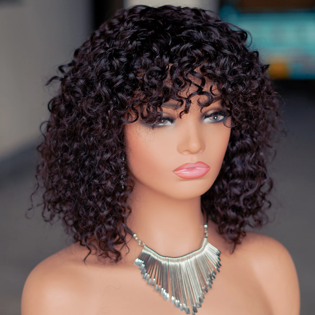 Kinky Curly Human Hair Wigs Black Shoulder Length Full Fluffy Wigs with Bangs Machine Made Human Hair for Afro Women Daily Party