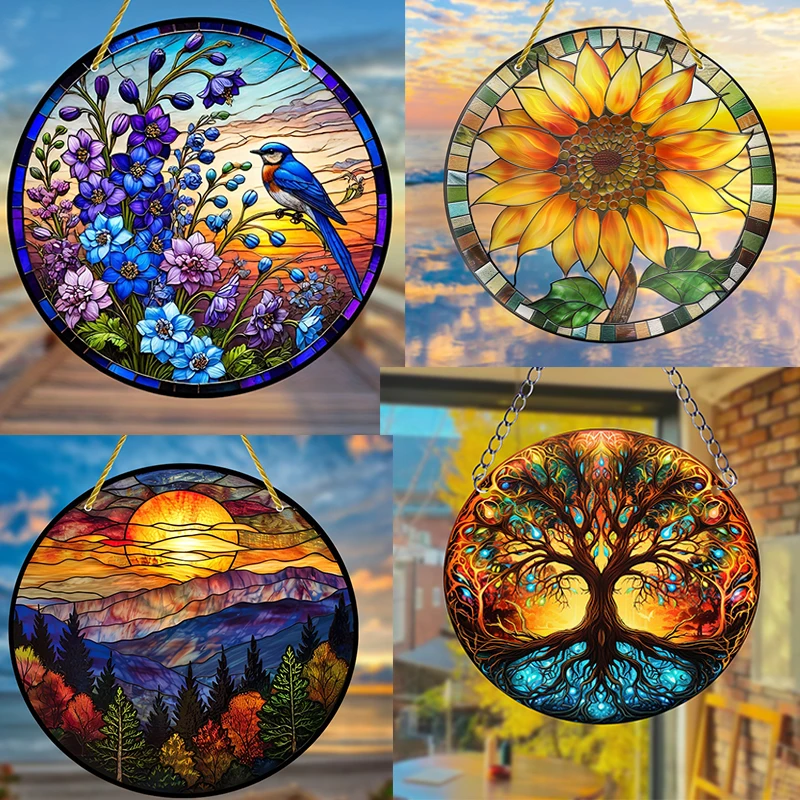 Sunflower Sunset Mountain Scenery Sun Catcher Stained Round Acrylic Hanging Decoration Suitable for Window Suncatcher Door