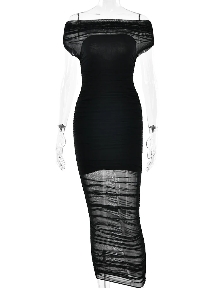 Oniflyme Mesh Patchwork See Through Abito longuette da donna Moda Slash Neck Manica corta Aderente Club Partywear Abiti eleganti Robe