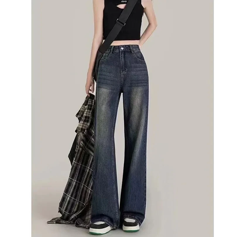 Harajuku mulheres streetwear vintage americano baggy carga jeans de cintura alta reta perna larga calรงas jeans azul