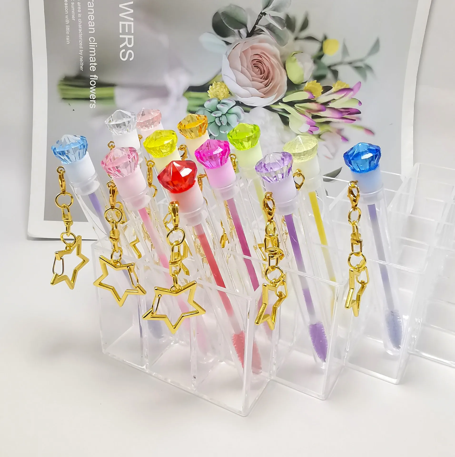 Wholesale Star KeyChain Reusable Eyelash Mascara Brush Tube with Big Diamond Dust-proof Mascara Wands Star Keyring Makeup Comb