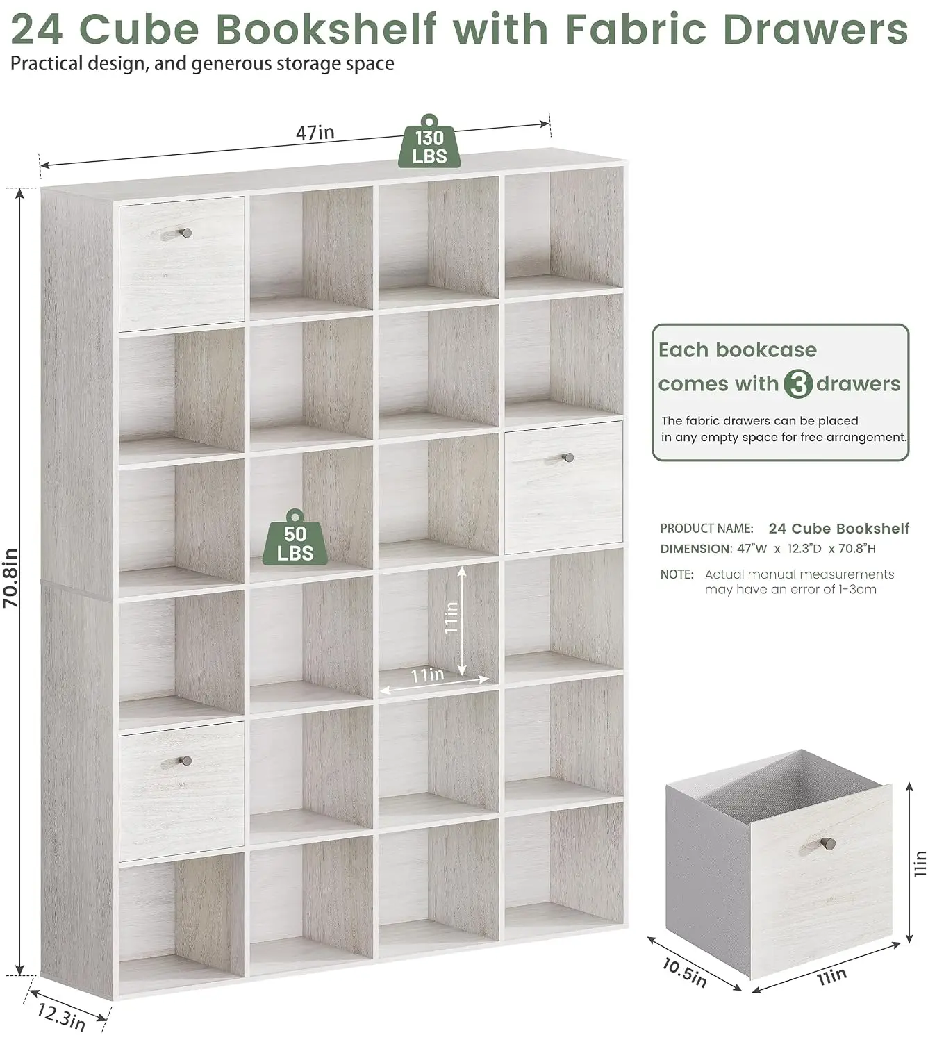 Cube Storage Bookshelf 2-Pack, White Wood Bookcase With Fabric Drawers, Freestanding Shelf For Living Room & Bedroom, Customized