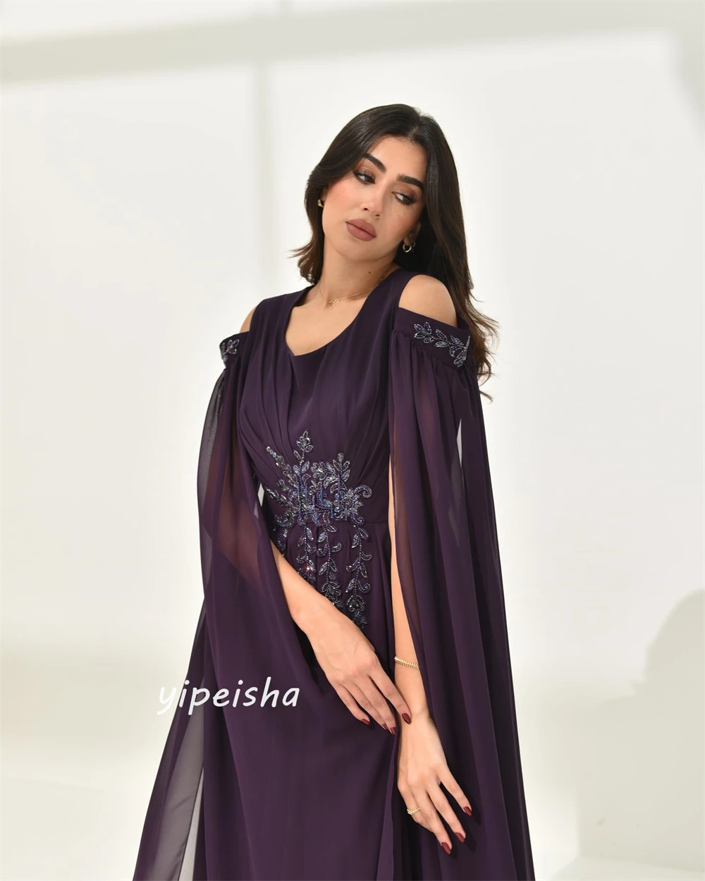 Ballkleid Saudi-Arabien modernen Stil von der Schulter A-Linie Applikationen Perlen Chiffon maßge schneiderte Anlass Kleider Ballkleider