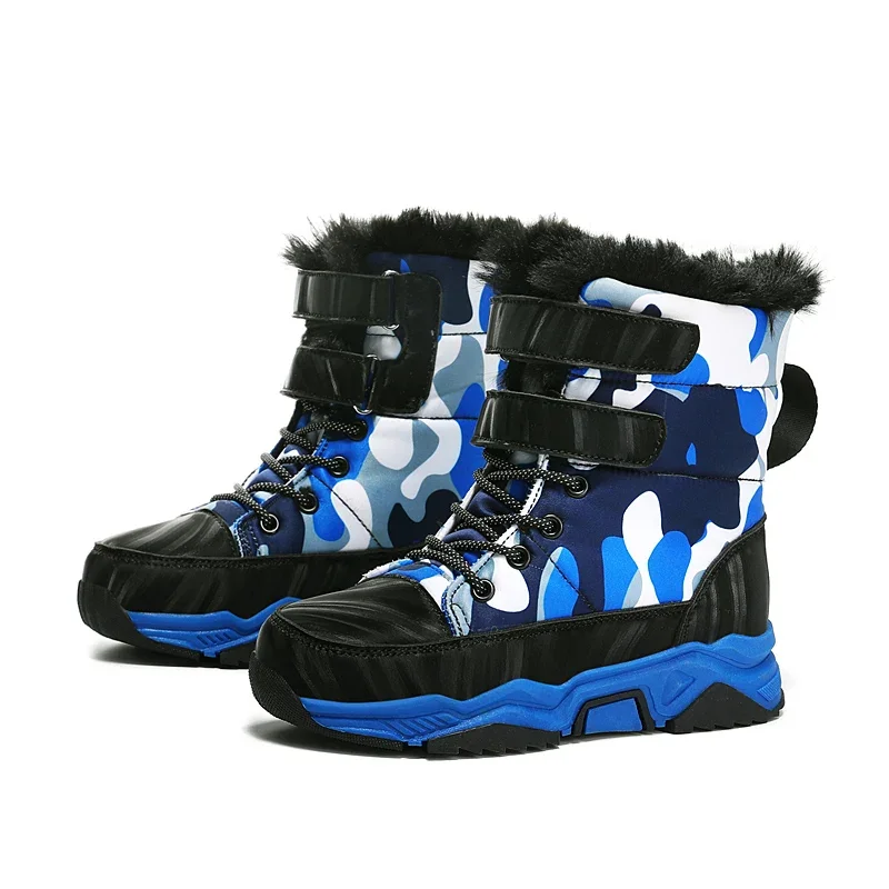 Children Casual Shoes Boys Non-slip Paw Warm Fur Snow Boots Winter Sneakers Kids Outdoor Footwear Padded Boot Waterproof 8-15