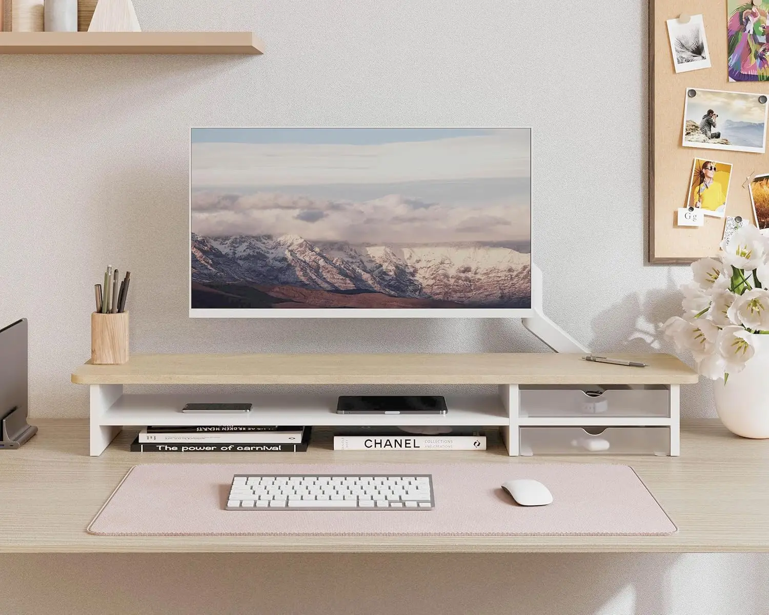 Wide Dual Monitor Wood Riser 3
