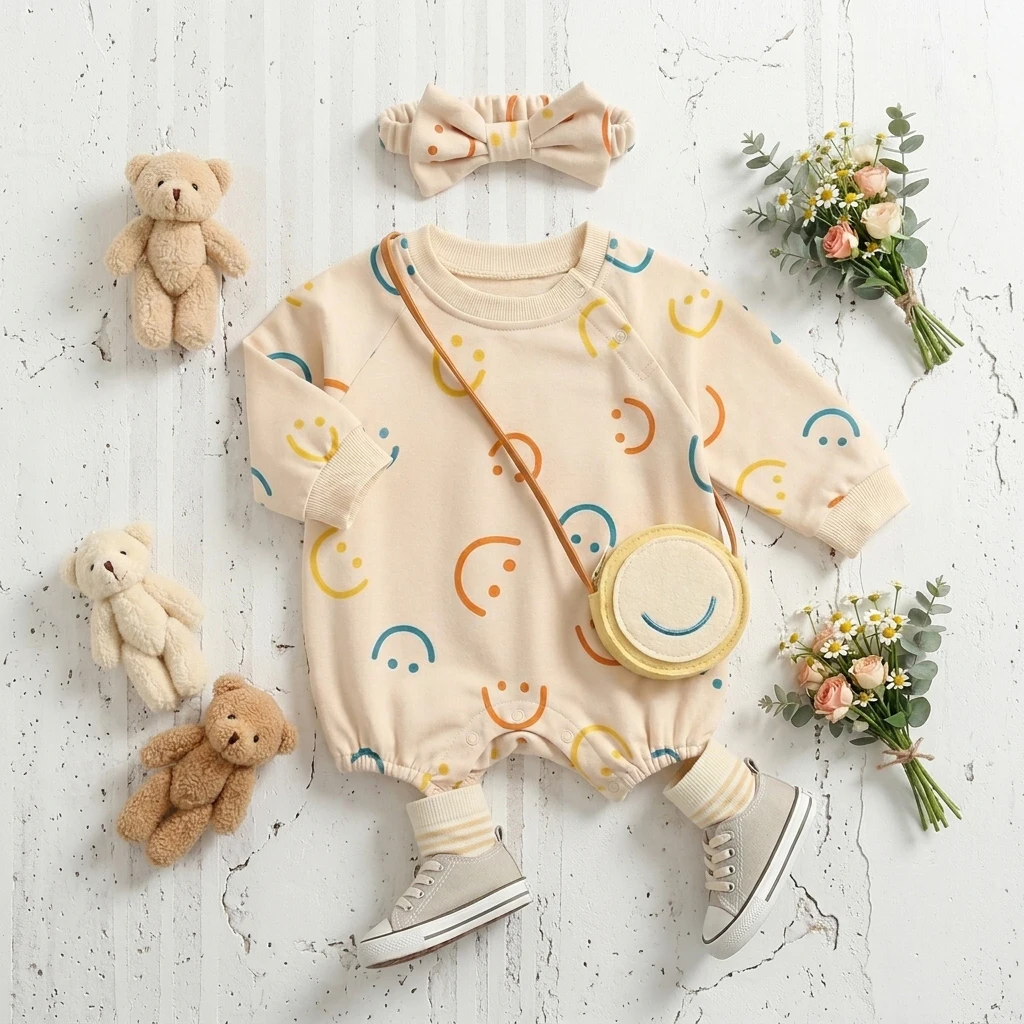 Autumn Casual Baby Girls Bodysuits Long Sleeve Printing Toddler Clothes with Headband