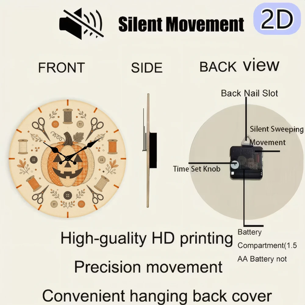 Halloween Pumpkin 2D Flat Wall Clock 10 Inch Silent Non-Ticking Vintage Sewing Scissors Thread Spools Room