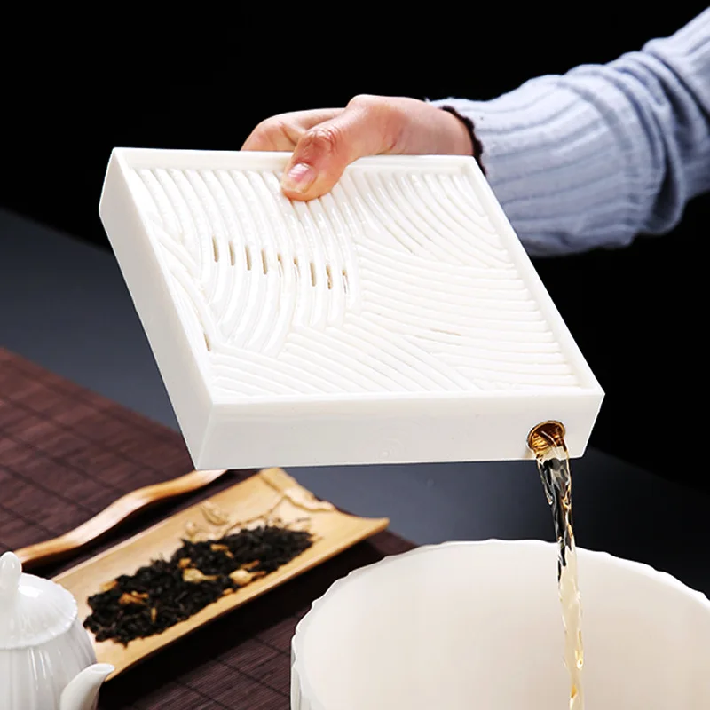 Dehua White Ceramic Dry-Wet Dual Use Tea Tray, Minimalist Japanese Style Ceramic Tea Board with Pot Rest