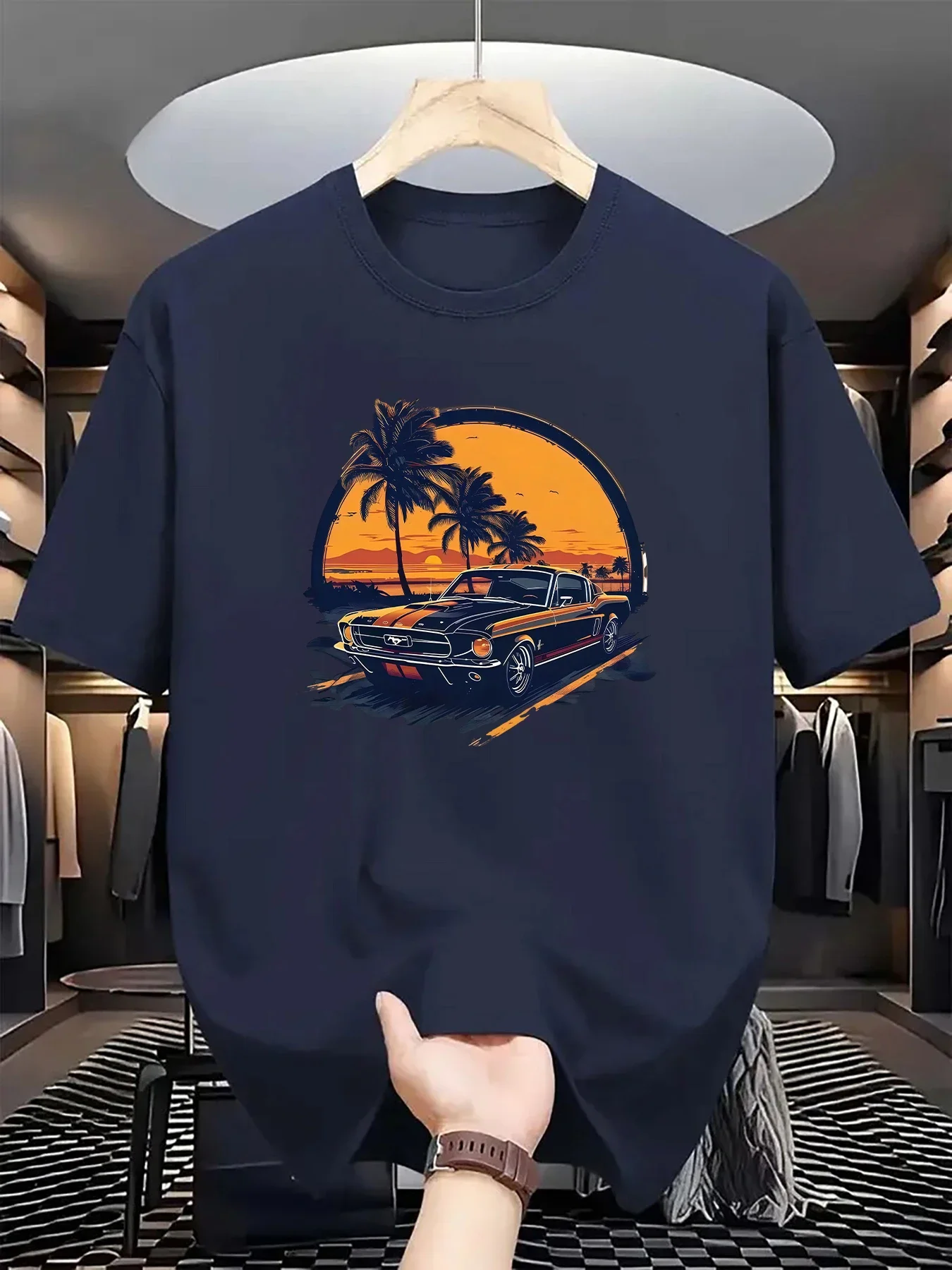 

Retro vacation style,sports car,palm tree pattern, casual leisure sport Men's summer shortsleeved round-neck Tshirt 100% cotton