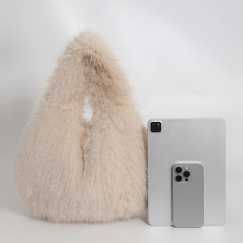 Small Hobo Handle Bags for Women Shoulder Bags Designer Furry Purse and Handbags Fashionable Cute Female Plush Bag view 6
