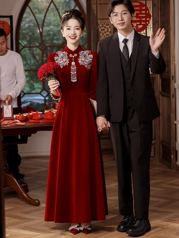 

Autumn Winter Velvet Long Sve Wedding Engagement Ceremony Dr Red New 2026 Model Vintage Sle a Line Skirt