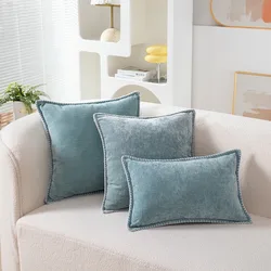 Solid Color Blue Chenille Throw Pillow Case Luxury Lumbar Pillowcase for Bed Sofa Couch Cushion Cover with Stitched Edge Home