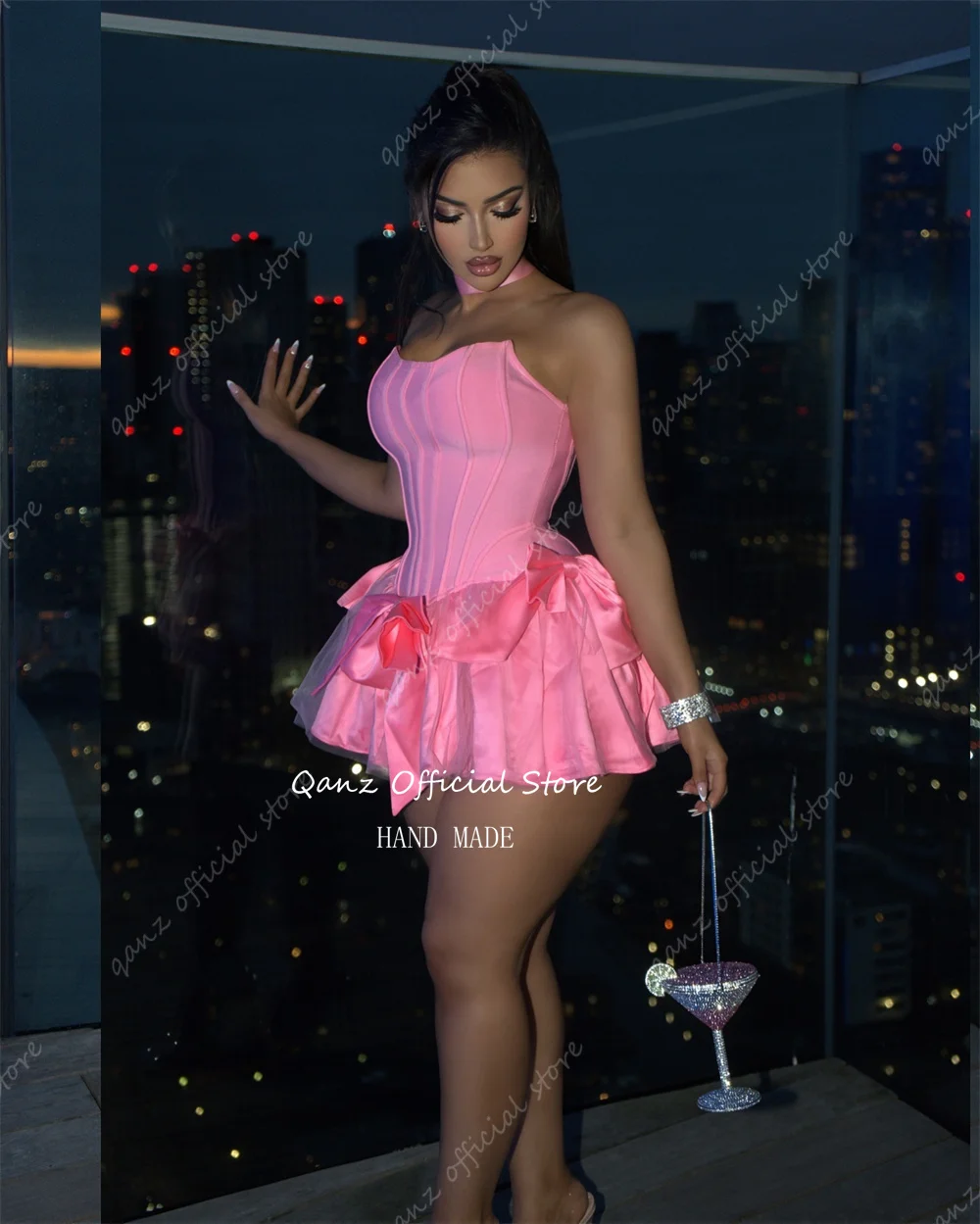Qanz Sexy Pink Prom Dresses Short Mini Satin Cocktail Dresses with Bows Bones Backless Birthday Party Gown for Girls Customized