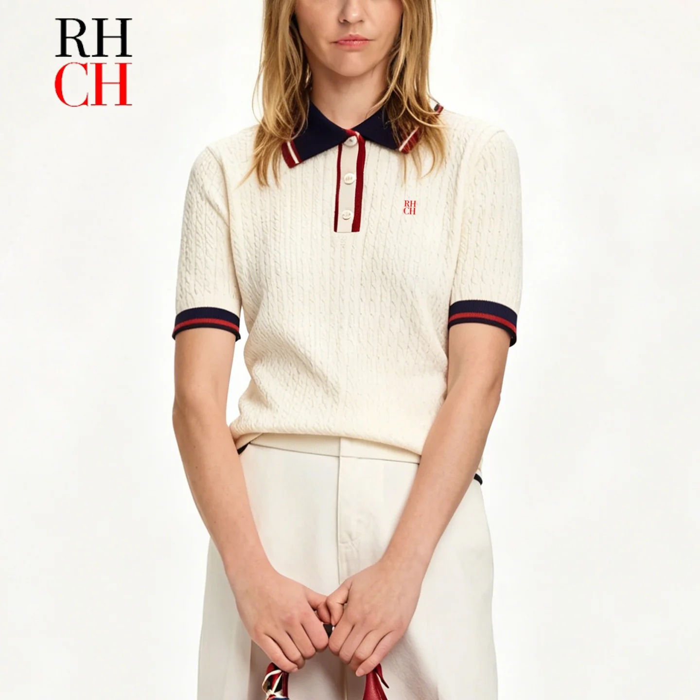 RHCH Women Cable Knit Short Sleeve Polo Shirt Bold RHCH Mini Red Embroidery Left Chest Preppy Nautical Casual Daily Wear