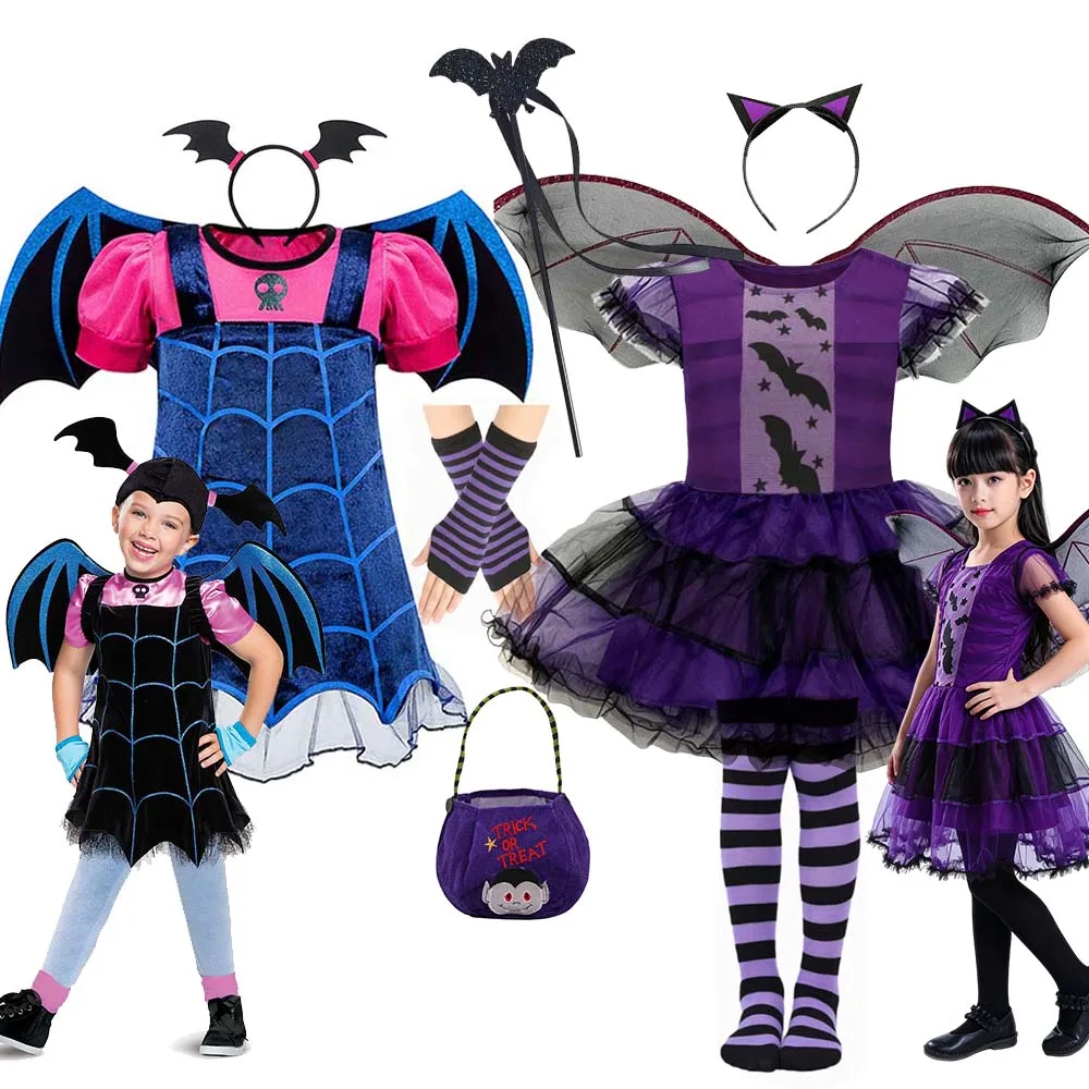 Halloween Fancy Costume Dress Girls Cute Bat Wing Outfit Kids Role‑Play Tutu Dress for Cosplay Carnival Performance Events