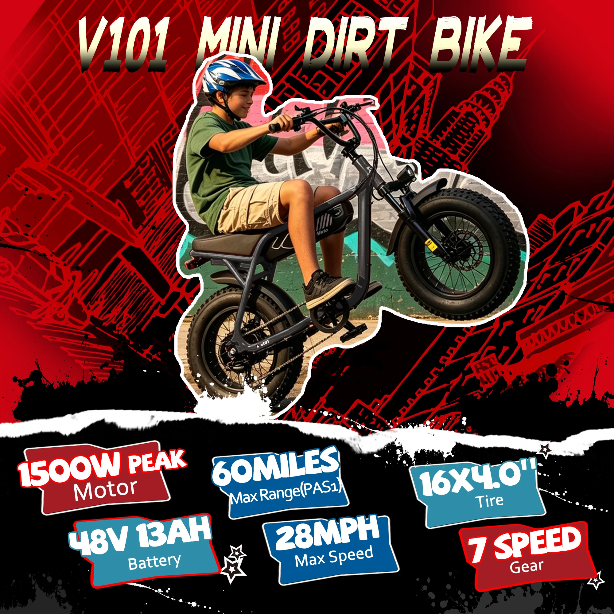 ESKUTE V101 Electric Dirt Bike,16'x4.0 Fat Tire Ebike,Electric Dirt Bike, 28mph, E Bike UL2849, 1 Year Warranty