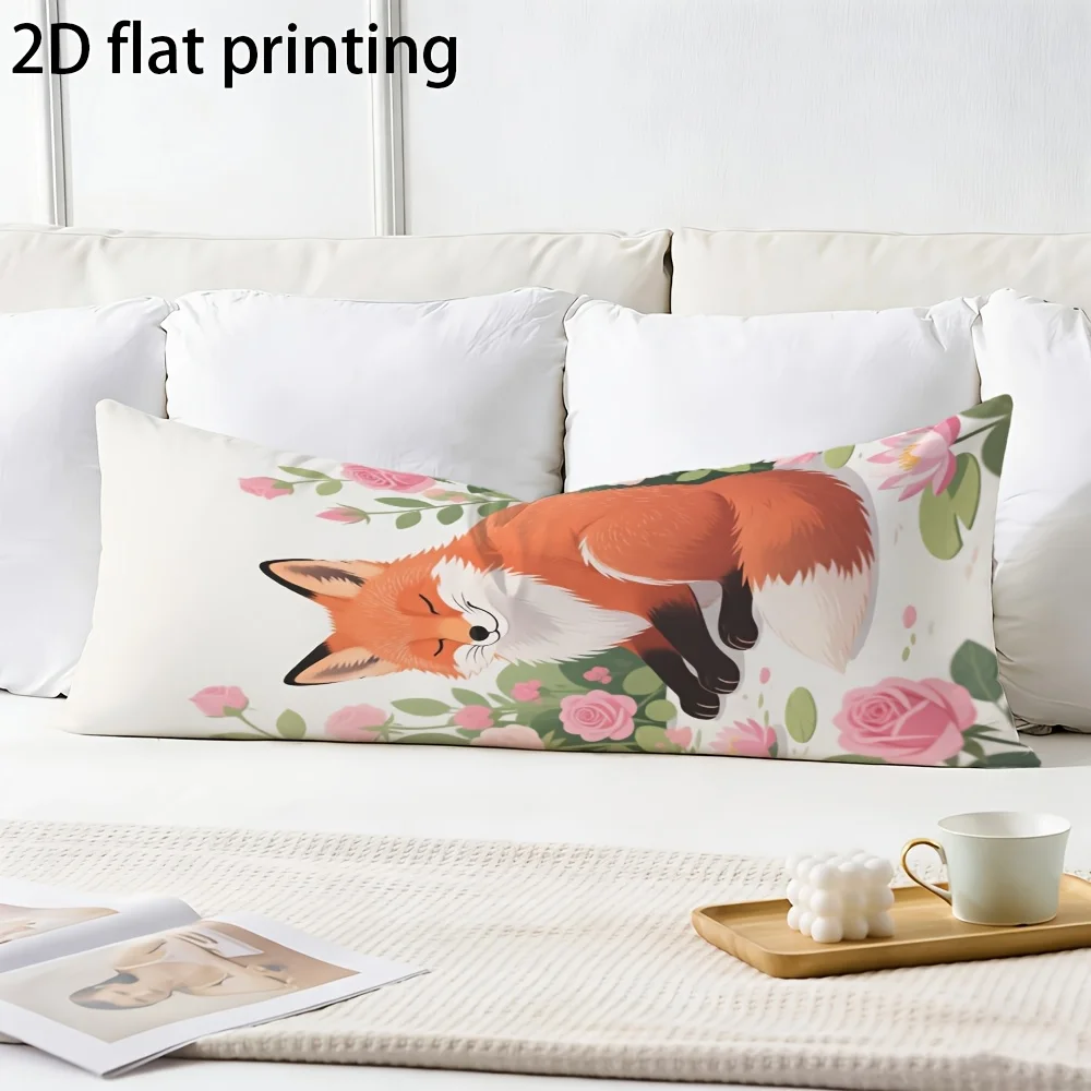 Long Pillowcase, 2D Printed Design Featuring a Sleeping Fox with Lotus and Rose Pattern, Made of Durable Fabric. Full-body Suppo