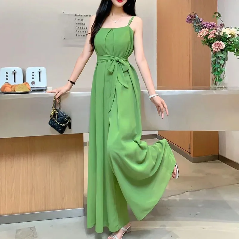 

Elegant High-Waist Chiffon Sling Jumpsuit for Women Summer Beach Vacation Wide Leg Palazzo Pants Long Dress with Split