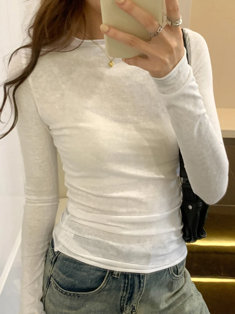 Wiosna Jesień T shirt Kobiety Topy Solidny długi rękaw Ruched O Neck Tshirts Kobiety Koreański Casual Streetwear Wysokiej jakości koszulki bazowe