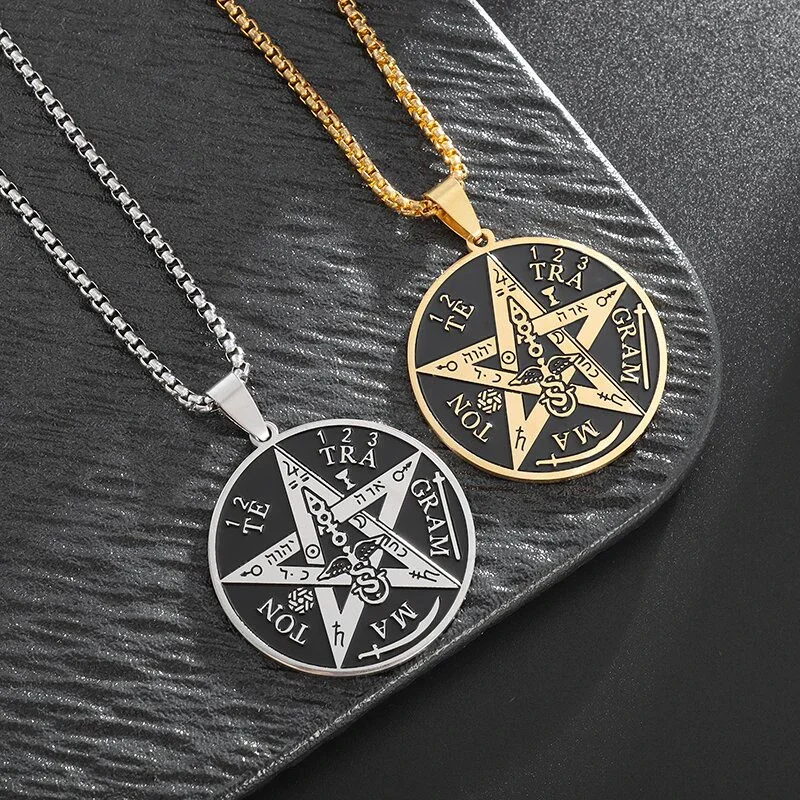 Jewish Hebrew Tetragrammaton Witchcraft Pentagram Necklace Mens Stainless Steel Solomon Pendant Amulet Jewelry