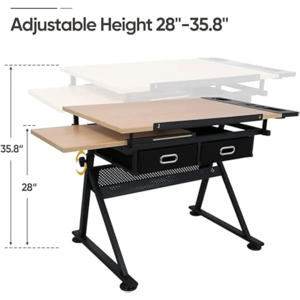 Adjustable Drafting Desk with Tilting Wood Top 45° Angle Control Modern Alloy Steel Frame Non-Slip Floor Pads Dual Work Surfaces view 3