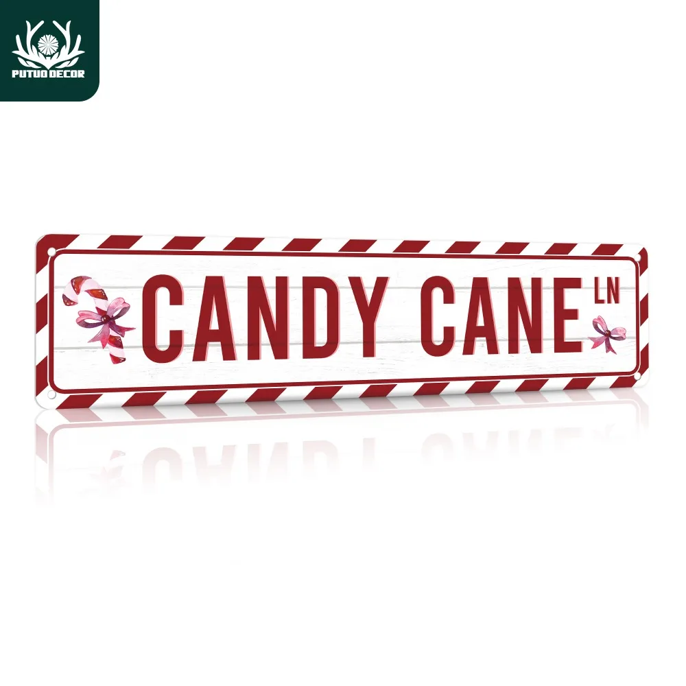 1pc 2D Flat Putuo Decor Candy Cane Merry Christmas Vintage Metal Sign 3.9x15.7Inch, Wall Decor Plaque for Home Porch Front Gate