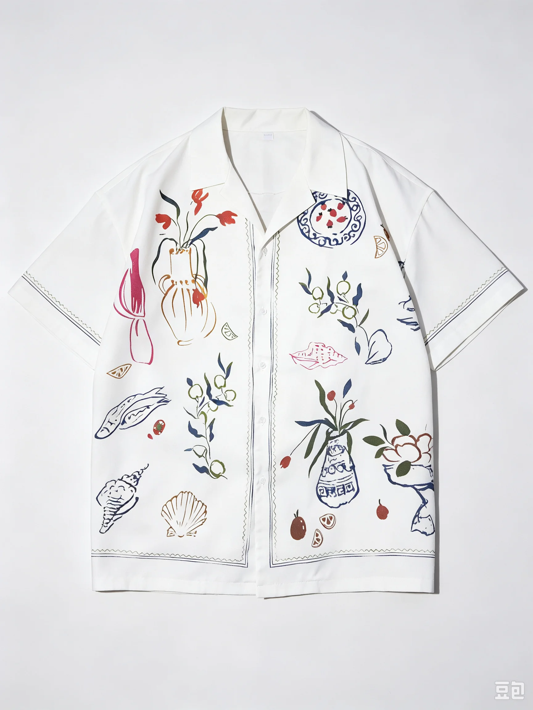 Vintage Hand‑painted Floral Print Cuban Collar Short Sleeve Shirt Unisex Loose Summer Casual Beach Streetwear Blouse