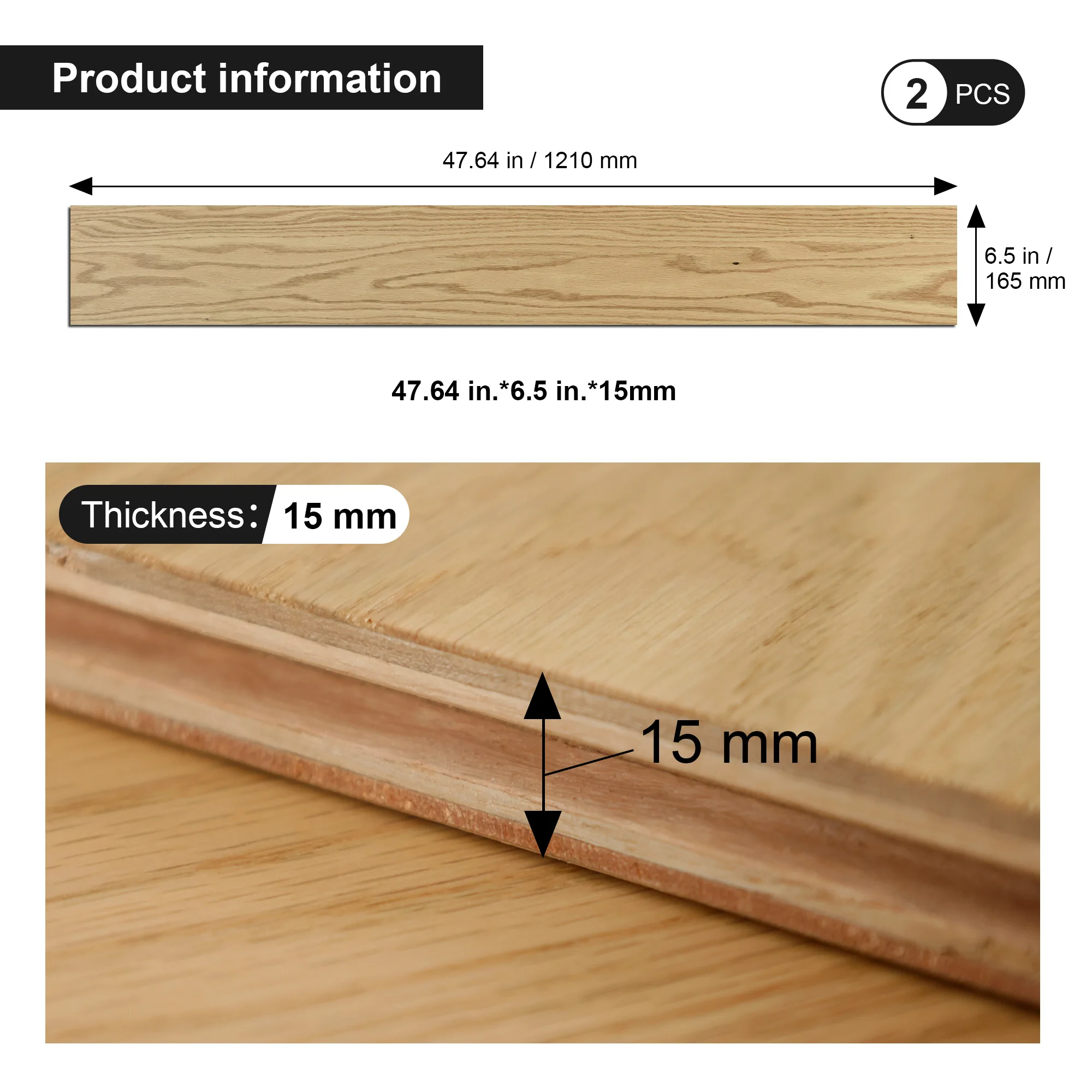 أرضيات خشبية صلبة طبيعية مصنوعة من الخشب الصلب خشبية أصلية 0.59 بوصة. T × 47.64 بوصة. الطول × 6.5 بوصة. W 2-pack يغطي 4.3 قدم مربع #3