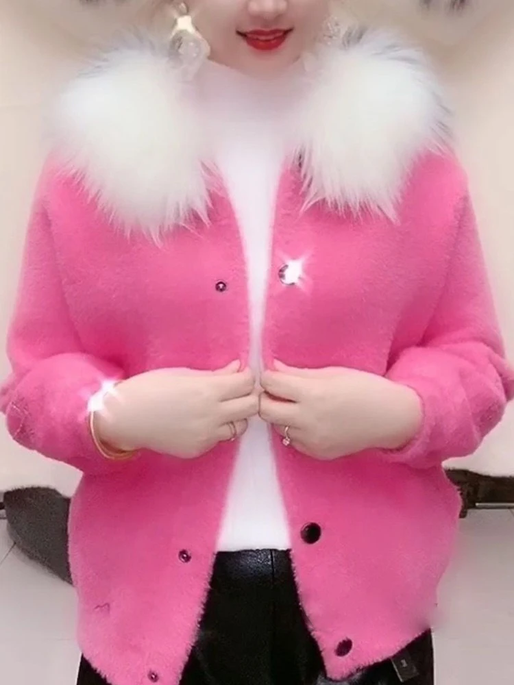 Autumn And Winter New Warm Solid Color Thick Hooded Imitation Mink Fur Coat With Rhinestone And Fur Collar Women's Top Cardigan