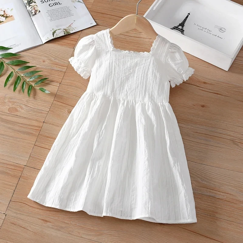 Little maven Korean Summer Cute Baby Girl Solid Clothes Elegant White Dress Lace Children Refreshing Girls Princess Party Dress