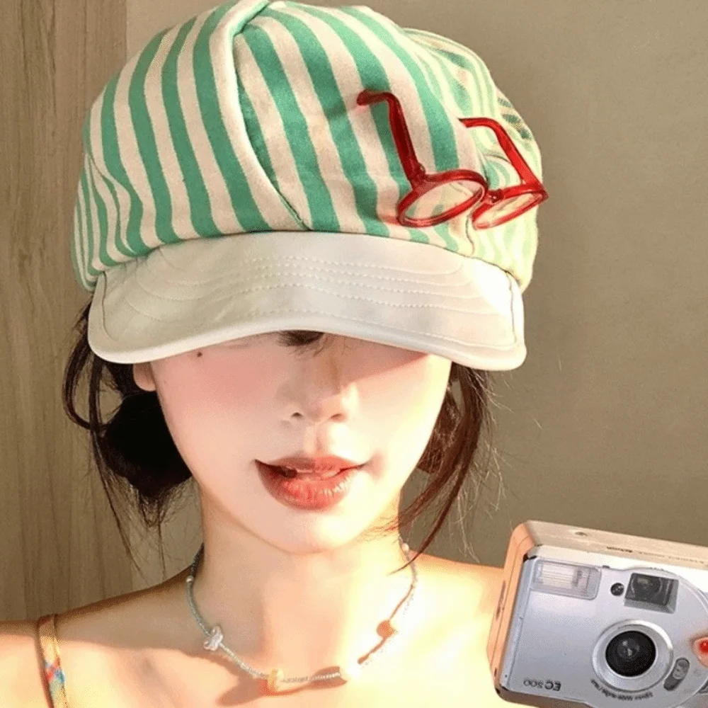 

Japanese Korean Striped Berets Y2k Retro Painter Berets Casual Versatile Beanie Cap Streetwear