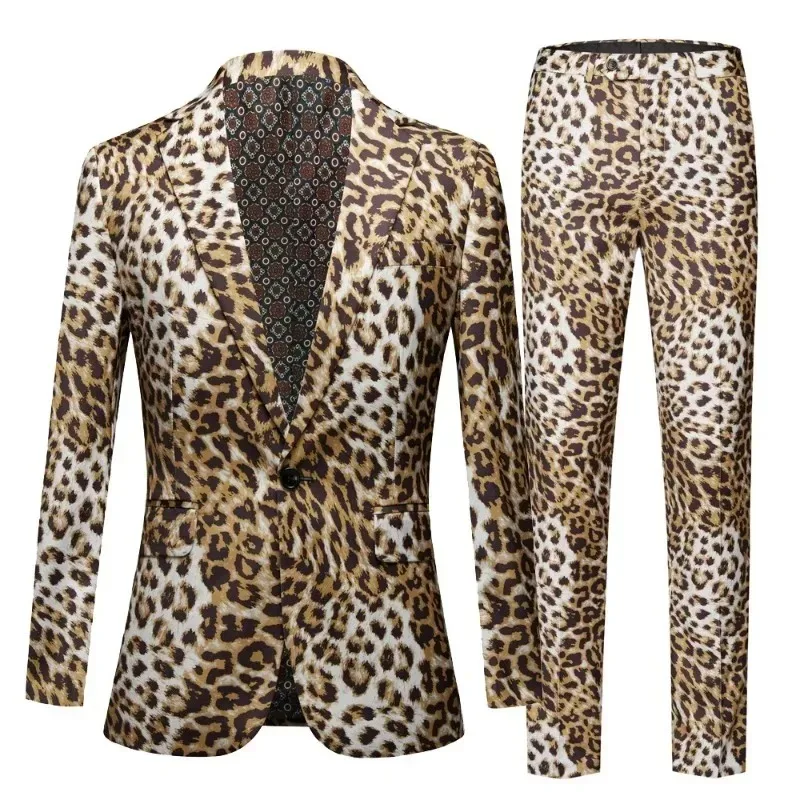 Fashion Men's Casual Boutique Leopard Print Nightclub Style Suit Jacket Pants / Male Two Pieces Blazers Coat Trousers Set