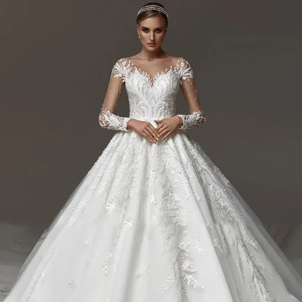 Customize Elegant A Line Bridal Gowns V Neck Long Sleeve Wedding Dresses Lace Appliques High Quality Bride Dress
