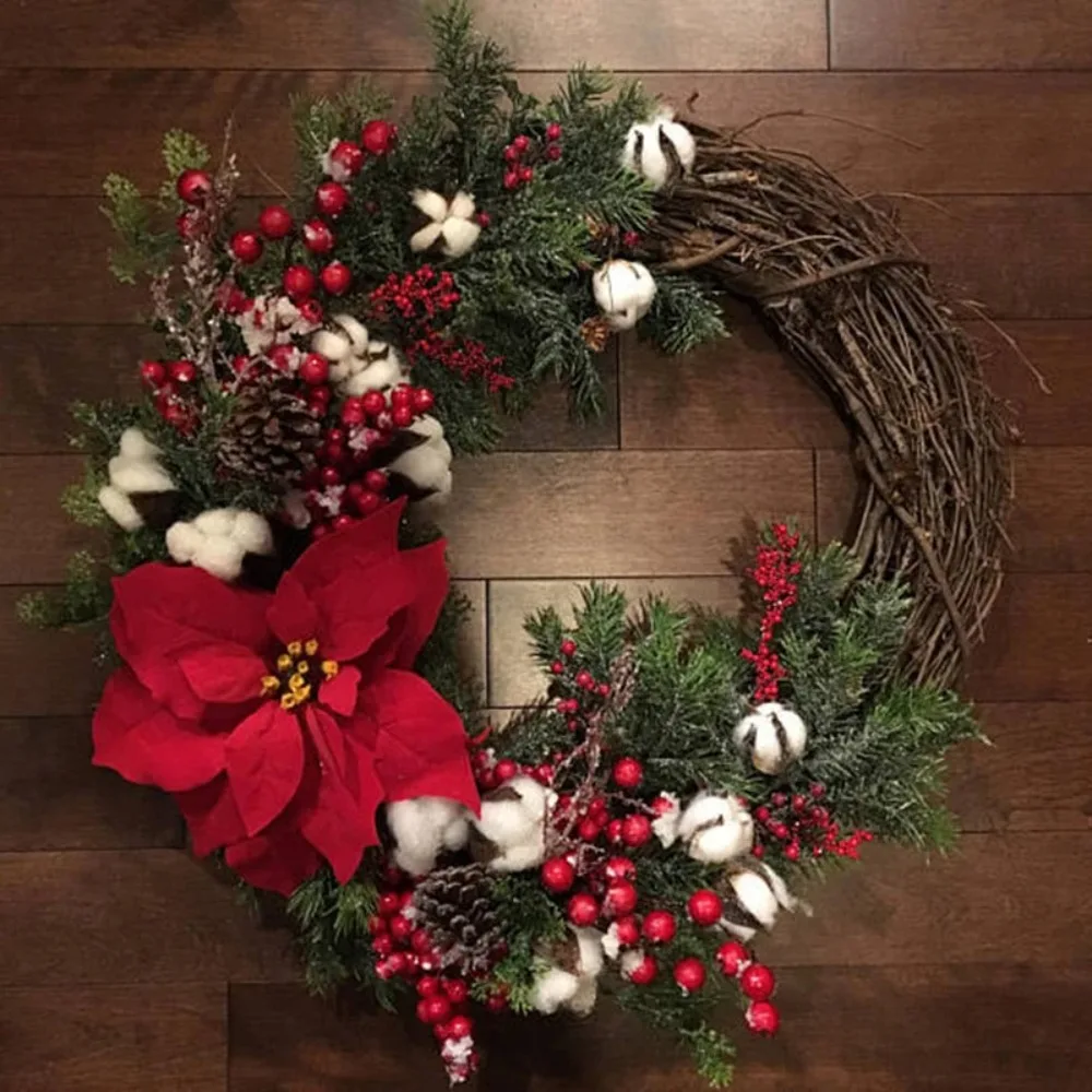 Christmas Wreath Artificial Plant Rattan Circle Red Pendant Rattan Wall Circle Flower Home Hotel Garland